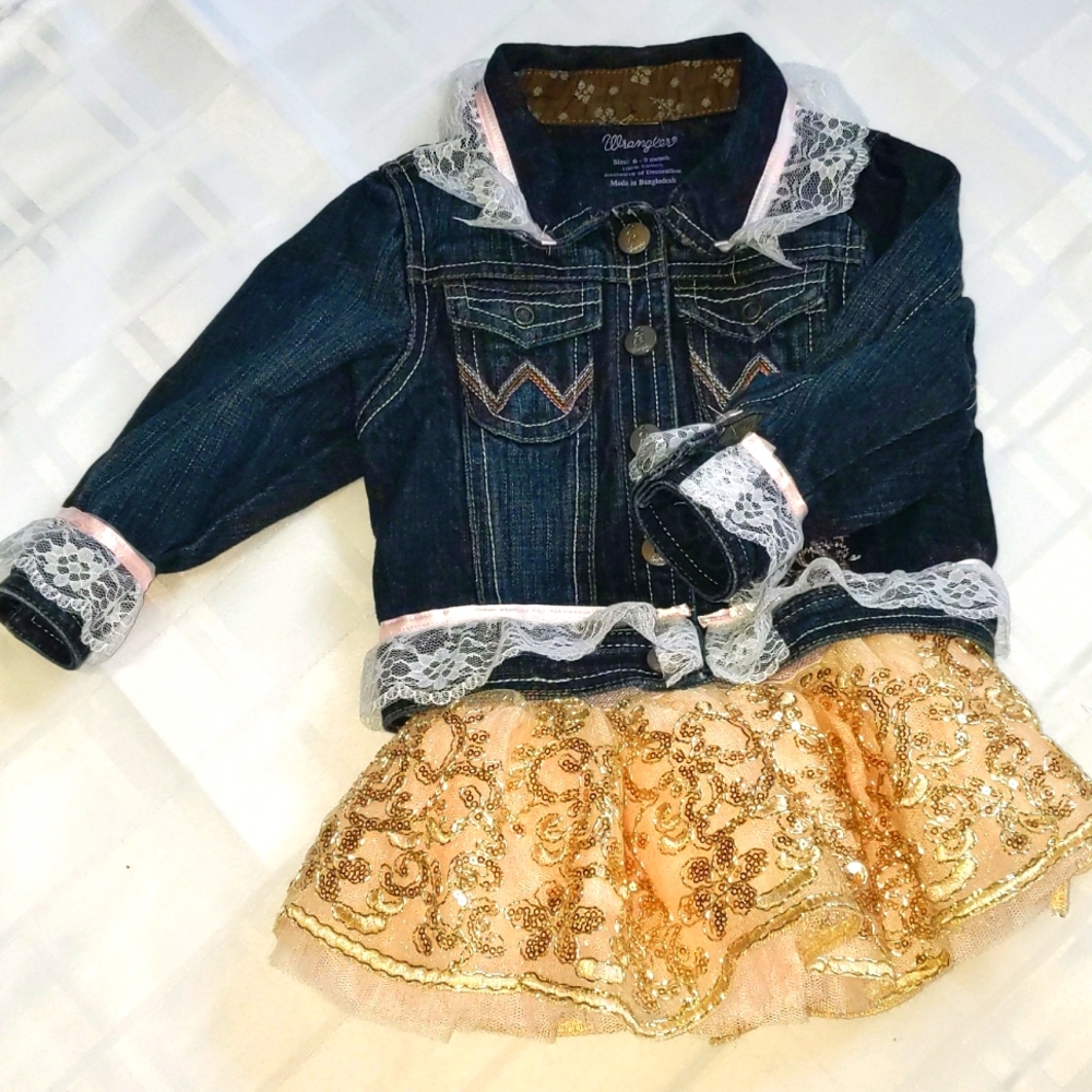 2 piece 6-9 month children's Wrangler jean jacket and tutu skirt set